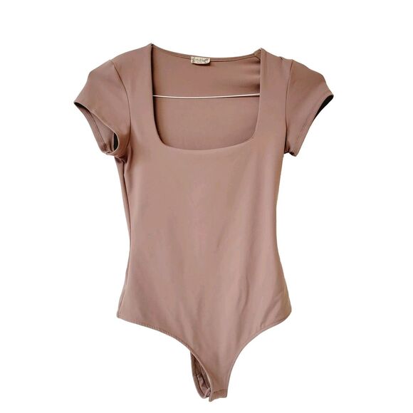 Free People Thong Bodysuit Shorts Sleeves Purple Square Neck Size SP - Picture 1 of 12